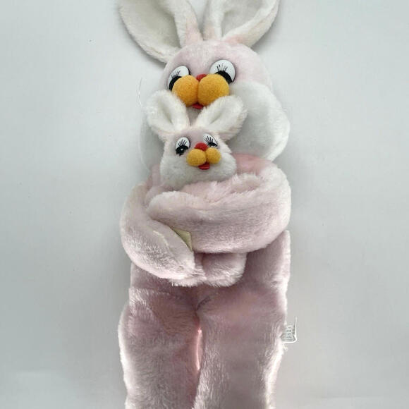 Vintage Pink Easter Bunny Holding Baby Plush 21" Interpur Made in Korea - Picture 2 of 9